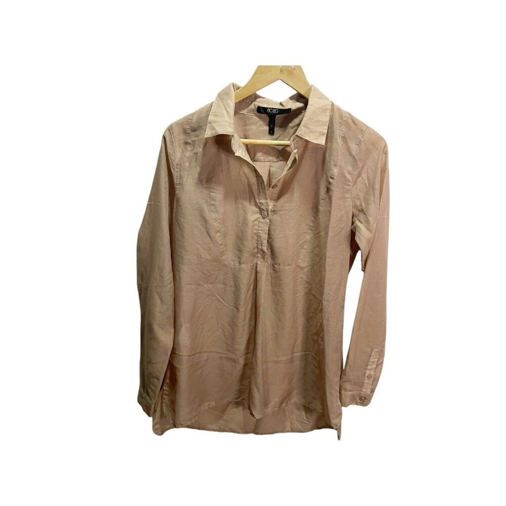 BCBG Paris Blouse Women Small Tan Long Sleeve Button Front Casual Chic Top